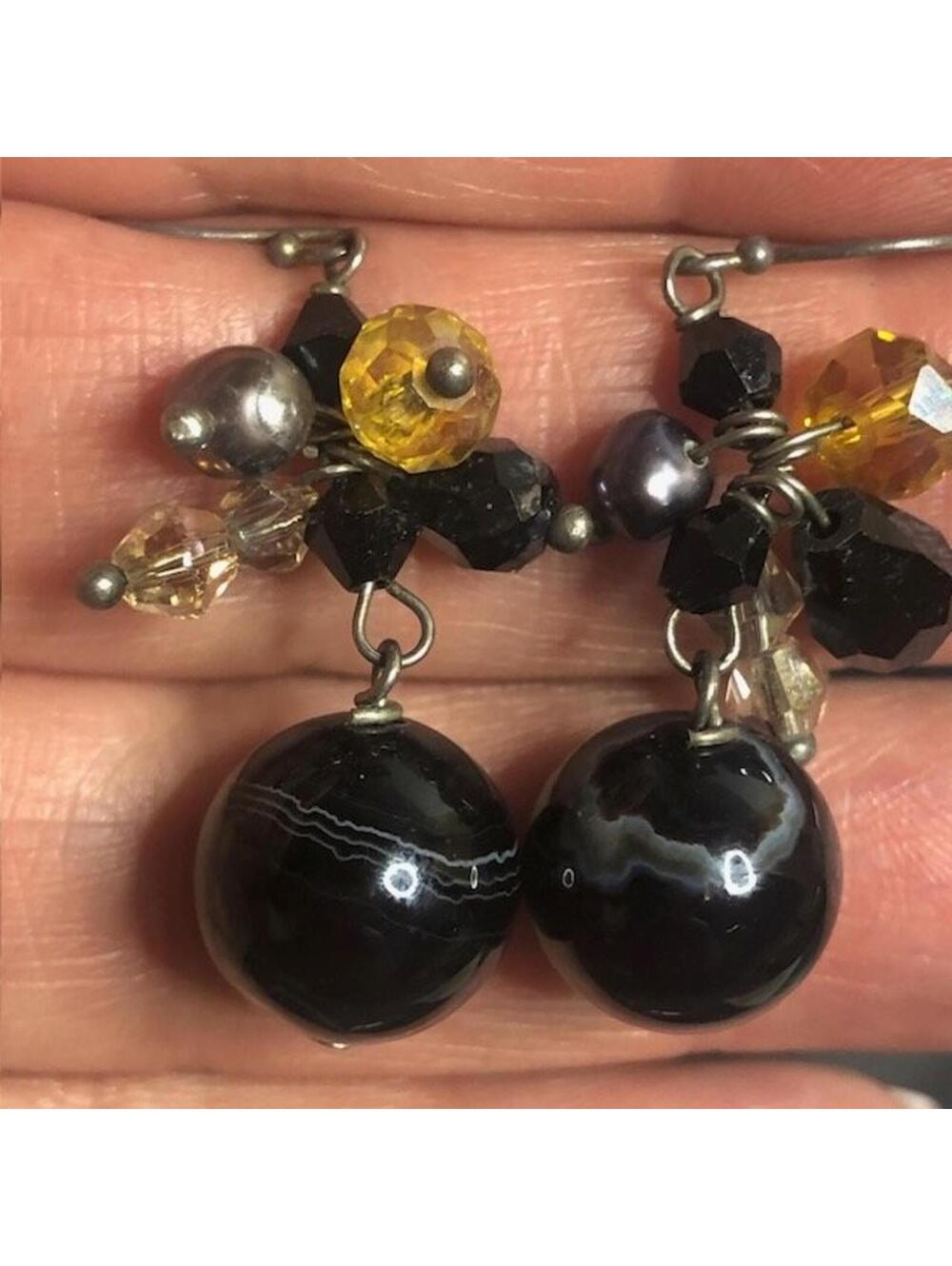 B1259 Banded Black Agate Cluster Drop Earrings Silver Tone Crystal Pearl Accent